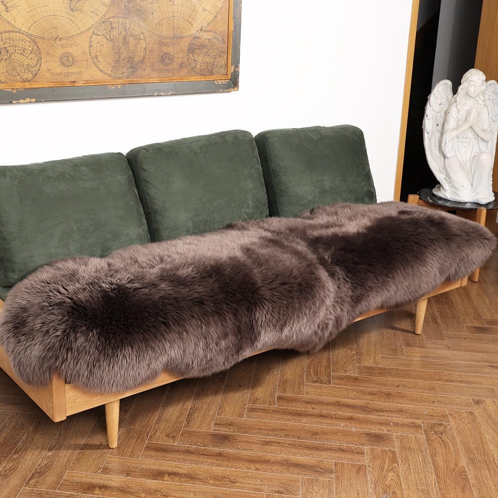 LLB Genuine Sheepskin Area Rug Wool Rug Fur Carpet Fluffy Shaggy Fur Rug for Living Room Kids Bedroom Real Sheepskin Throw Lambskin Rugs Sofa Chair Seat Covers (Chocolate Brown, 2 x 6 ft Sheepskin)